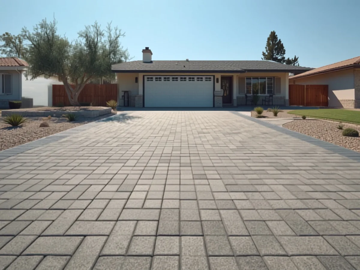 Gray concrete pavers in a multi size modular pattern on a long straight driveway, with a darker edge band.